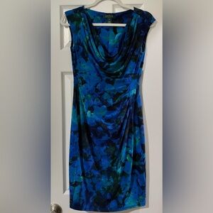 Lauren Ralph Lauren Blue and Teal Floral Cowl-Neck Midi Dress